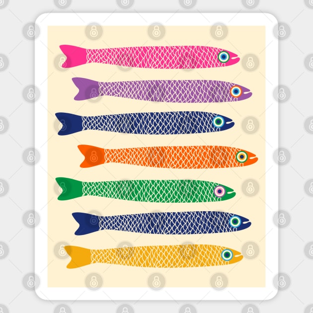 ANCHOVIES Bright Graphic Fun Groovy Fish in Rainbow Colors on Cream - Horizontal Layout - UnBlink Studio by Jackie Tahara Magnet by UnBlink Studio by Jackie Tahara